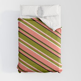 [ Thumbnail: Salmon, Black, Green, and White Colored Lines Pattern Comforter ]