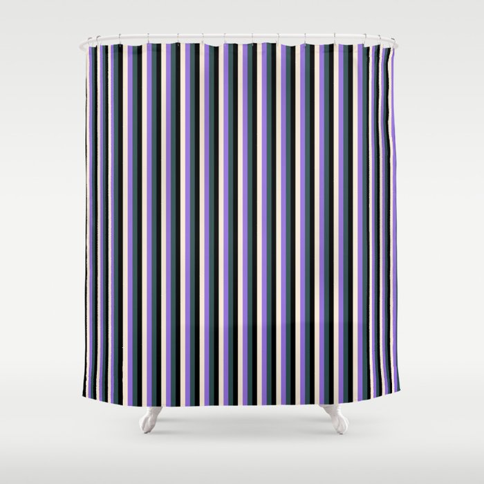 Purple, Dark Slate Gray, Black & Beige Colored Lined/Striped Pattern Shower Curtain