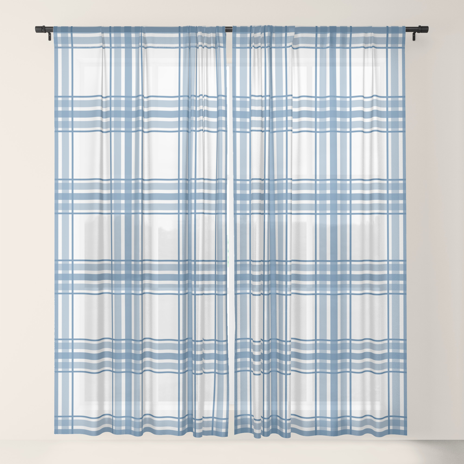 Farmhouse Plaid In Blue On White Sheer Curtain By Fischerfinearts