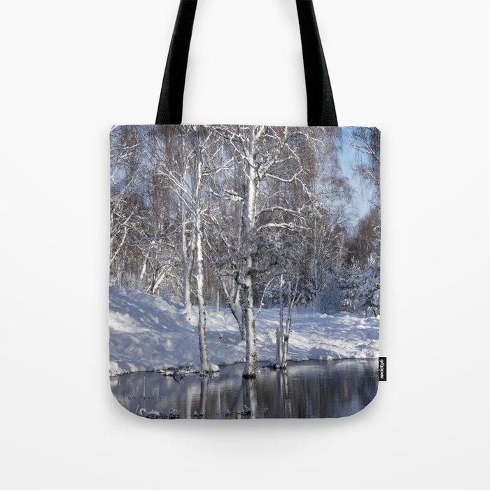 Snow Laden Birch Trees By a Scottish Highlands Lochan  Tote Bag