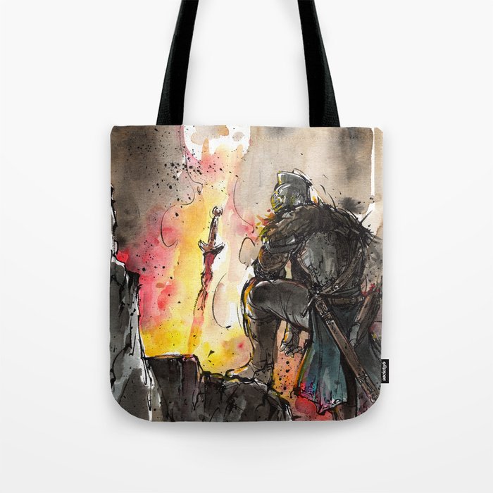 Dark Souls Bonfire with a Warrior Japanese calligraphy Tote Bag