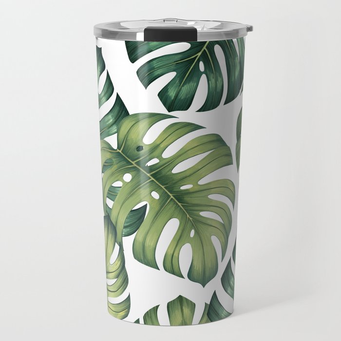 Monstera botanical leaves illustration pattern on white Travel Mug