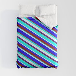 [ Thumbnail: Mint Cream, Blue, Dark Red, and Aqua Colored Lined Pattern Comforter ]