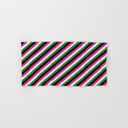 [ Thumbnail: Deep Pink, Mint Cream, Forest Green & Black Colored Stripes/Lines Pattern Hand & Bath Towel ]
