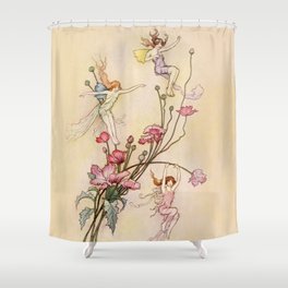 “Three Spirits Mad With Joy” Art by Warwick Goble Shower Curtain