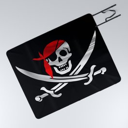 Jolly Roger pirate waving flag with skull and swords with red bandana on a silk drape  Picnic Blanket