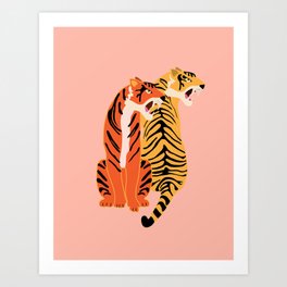 Two tigers, pink background Art Print