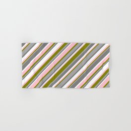 [ Thumbnail: Eye-catching Green, Dark Grey, Gray, White & Pink Colored Pattern of Stripes Hand & Bath Towel ]