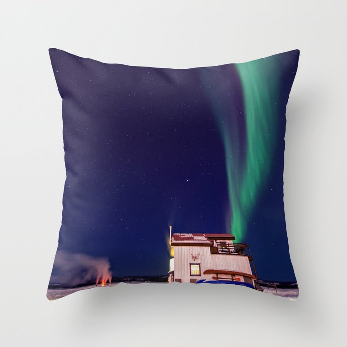 Northern Lights and house boat in Yellowknife Throw Pillow