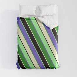 [ Thumbnail: Vibrant Slate Blue, Forest Green, Light Yellow, Black, and Green Colored Stripes Pattern Duvet Cover ]