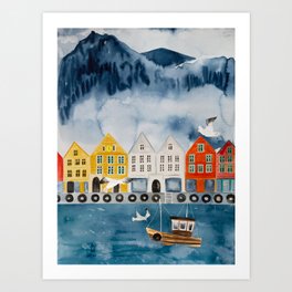 Bergen Norway watercolor  Art Print