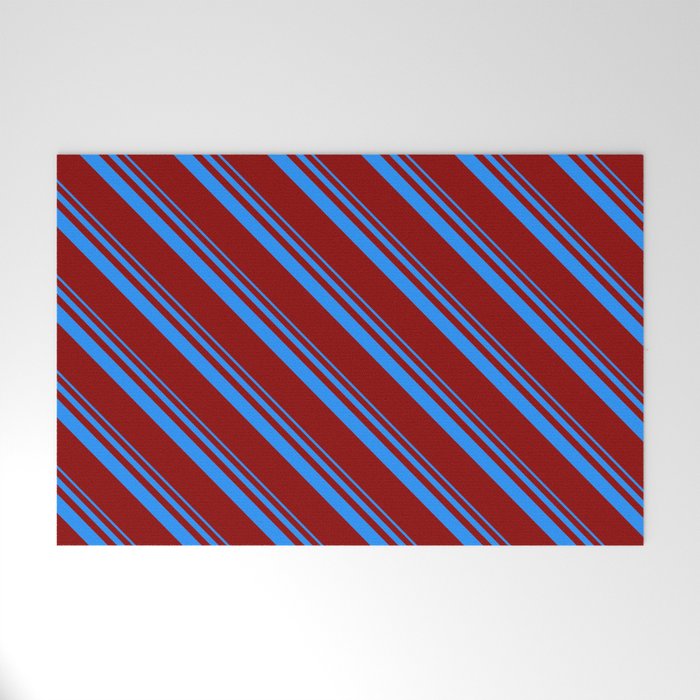 Blue and Dark Red Colored Stripes Pattern Welcome Mat