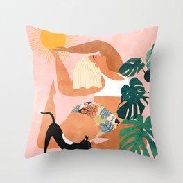 Tropical Yoga, Bohemian Woman Cat Pet Monstera Watercolor Painting, Blonde Quirky Illustration Throw Pillow