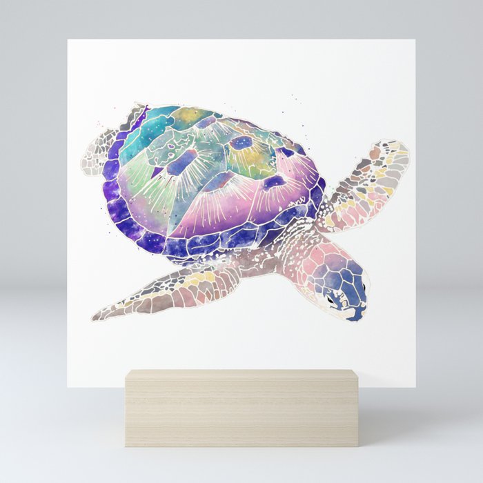 Cute colorful ocean turtles pastel mint watercolor design Mini Art Print