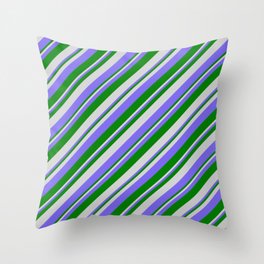 [ Thumbnail: Light Gray, Medium Slate Blue & Green Colored Lines/Stripes Pattern Throw Pillow ]