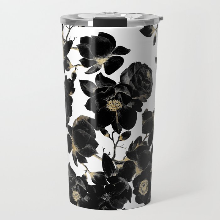 Modern Elegant Black White and Gold Floral Pattern Travel Mug