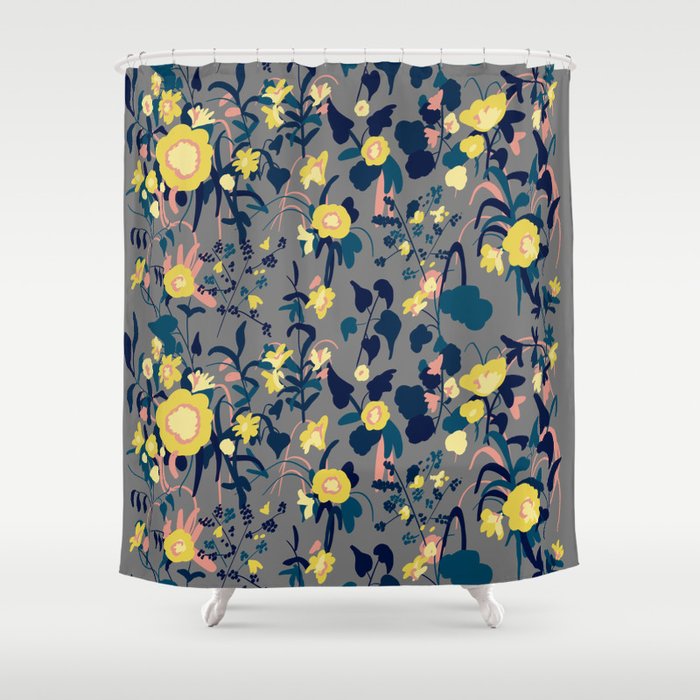 Buttercup Yellow Salmon Pink And Navy Blue Flowers On Gray