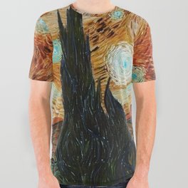 The Starry Night - La Nuit étoilée oil-on-canvas post-impressionist landscape masterpiece painting in alternate earthen gold and blue by Vincent van Gogh All Over Graphic Tee
