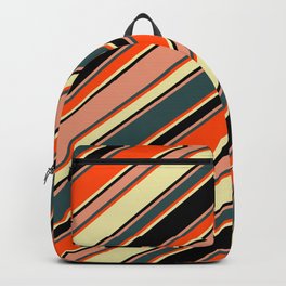 [ Thumbnail: Vibrant Dark Salmon, Dark Slate Gray, Red, Pale Goldenrod, and Black Colored Lines/Stripes Pattern Backpack ]