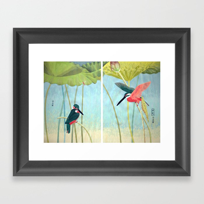 Kingfisher and Lotus Framed Art Print