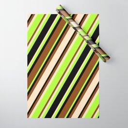 [ Thumbnail: Brown, Bisque, Light Green, and Black Colored Striped Pattern Wrapping Paper ]