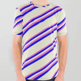 [ Thumbnail: Hot Pink, Blue, and Beige Colored Striped Pattern All Over Graphic Tee ]