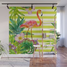 seamless pattern with pink flamingo and exotic tropical plants on a striped background Wall Mural