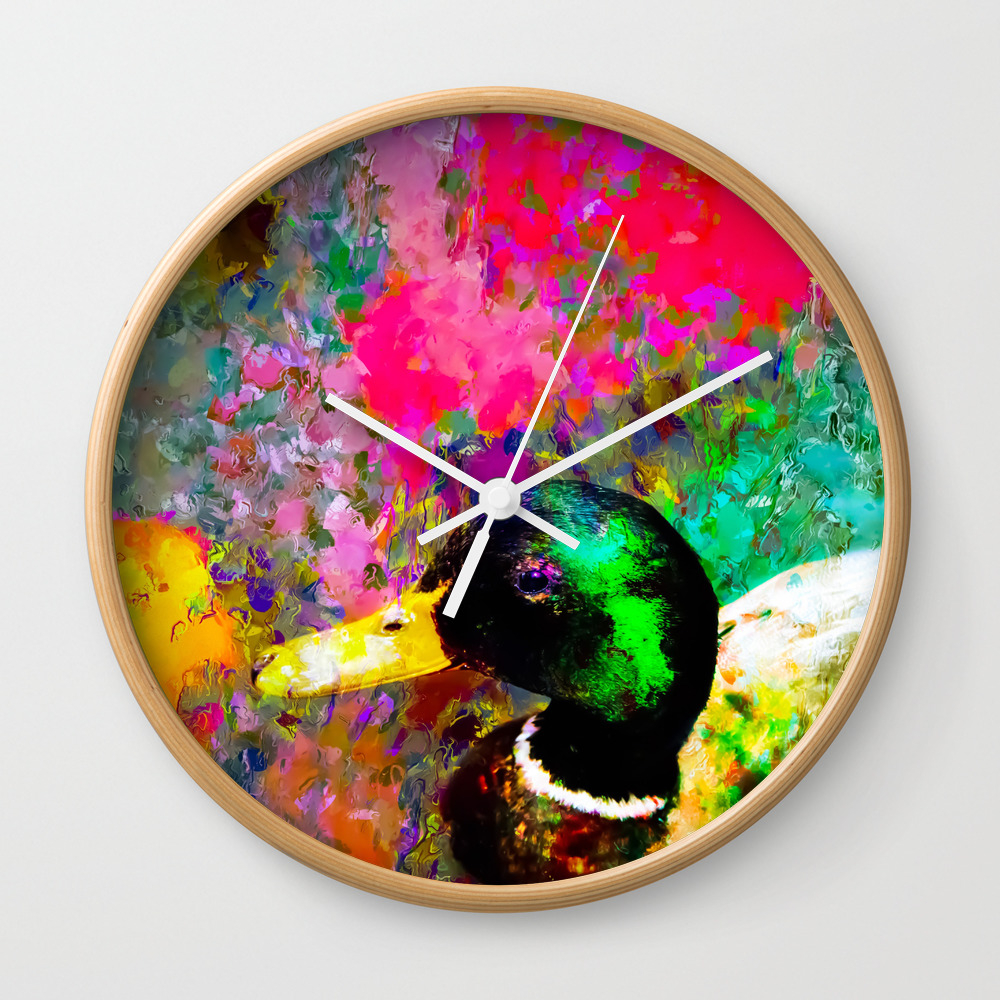 Mallard Duck With Pink Green Brown Purple Yellow Painting Abstract Background Wall Clock By Timla Society6