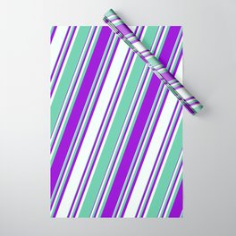 [ Thumbnail: Aquamarine, Dark Violet, and Mint Cream Colored Stripes/Lines Pattern Wrapping Paper ]