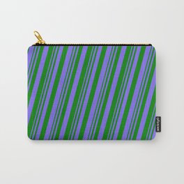 [ Thumbnail: Medium Slate Blue & Green Colored Lines Pattern Carry-All Pouch ]