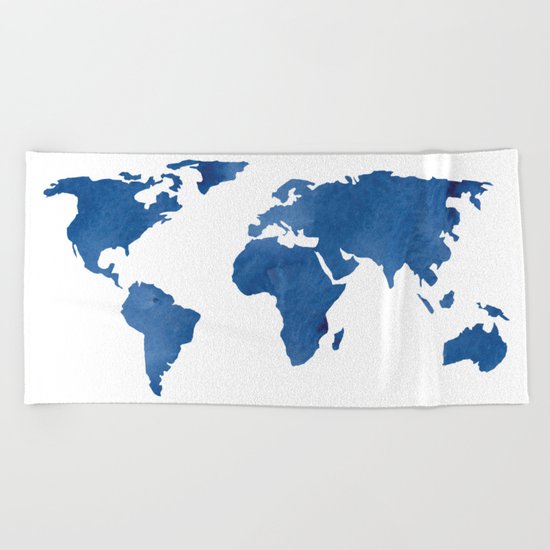 Map - Blue World Map Watercolor Beach Towel