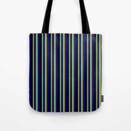 [ Thumbnail: Turquoise, Dark Goldenrod, Dark Blue & Black Colored Stripes Pattern Tote Bag ]