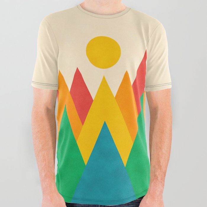 Modern Geometric Abstract Whimsical Rainbow Mountains, Bright Colorful Retro Peaks  All Over Graphic Tee