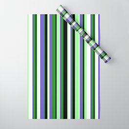 [ Thumbnail: Colorful Forest Green, Slate Blue, White, Green, and Black Colored Stripes Pattern Wrapping Paper ]