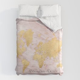 Adventure awaits, gold and pink marble detailed world map, "Sherry" Bettbezug
