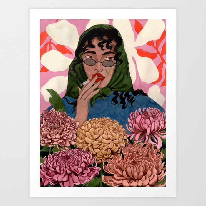Girl with chrysanthemums Art Print