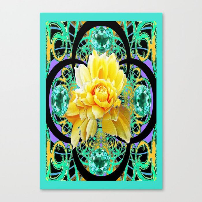 Yellow Rose Aqua Color Floral Gems Design Canvas Print