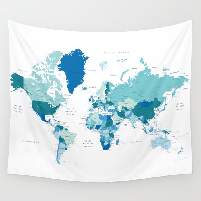 Teal and blue world map with cities - SIZES LARGE & XL ONLY Wall ...