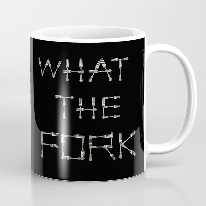 WHAT THE FORK design using fork images to create letters black background Coffee Mug