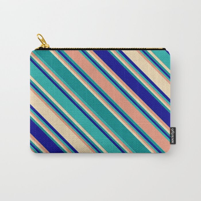 Vibrant Dark Salmon, Tan, Dark Cyan, Dark Blue, and Light Sea Green Colored Striped/Lined Pattern Carry-All Pouch