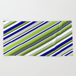 [ Thumbnail: Vibrant Green, Dark Olive Green, White, Dark Blue & Light Grey Colored Lines/Stripes Pattern Beach Towel ]