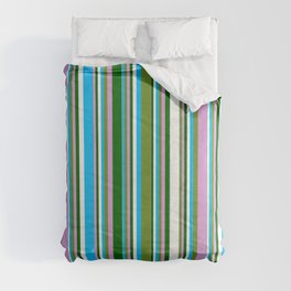 [ Thumbnail: Green, Plum, Dark Green, White & Deep Sky Blue Colored Stripes Pattern Comforter ]