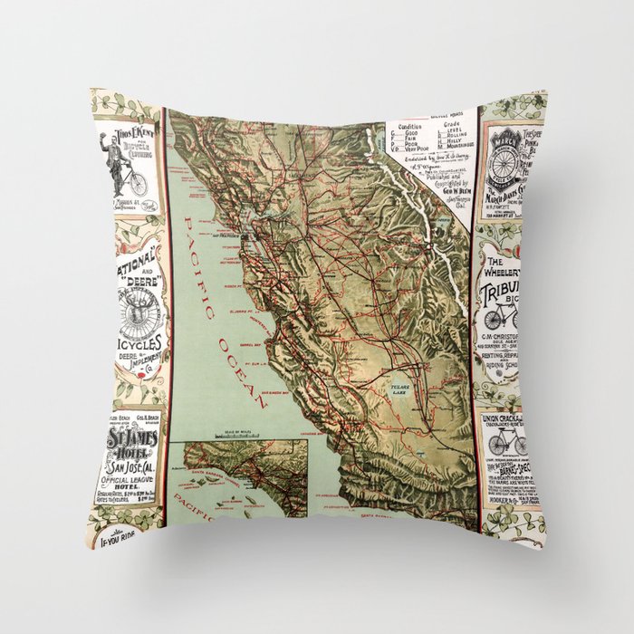 California-Roads map for cyclers-United States-1895 vintage pictorial map-pictorial illustration-drawing Throw Pillow