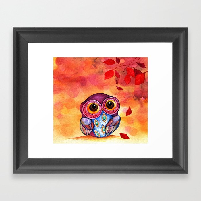 Owl's First Fall Leaf Framed Art Print