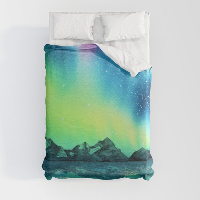 "Northern Lights" watercolor landscape painting Duvet Cover