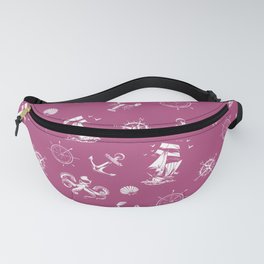 Magenta And White Silhouettes Of Vintage Nautical Pattern Fanny Pack