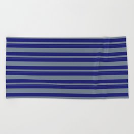 [ Thumbnail: Midnight Blue & Slate Gray Colored Lined Pattern Beach Towel ]
