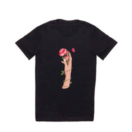 Rose flower with thorns in hand, pain and pleasure T-shirt | Peace, Blood, Digital, Rosethorns, Red, Pink, Rose, Leaves, Curated, Pleasure 
