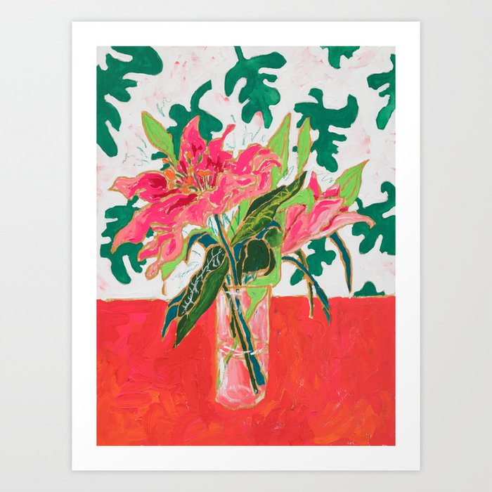 Tropical Lily Bouquet with Matisse Cutout Inspired Background Floral Still Life Painting Art Print