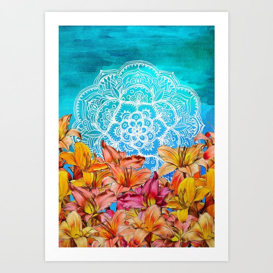Orange Lilies & White Mandala on Blue Art Print